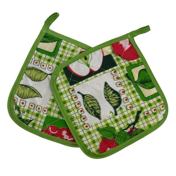 Vintage Pot Holders Apple Gingham Picnic Green Set of 2 Kitchen Baking - Picture 1 of 6